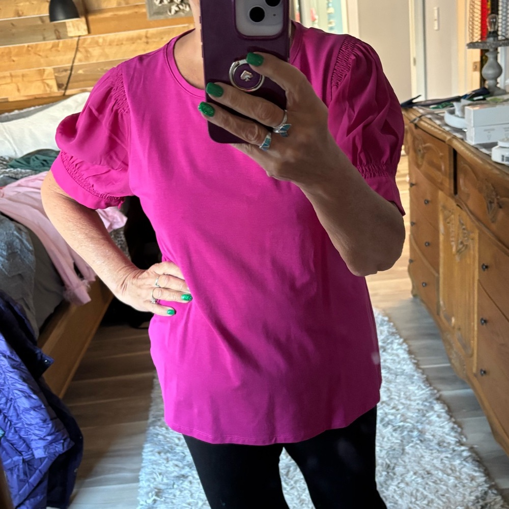 Talbots Women's Fuchsia with Sheer Puff-Sleeve TopSize large.